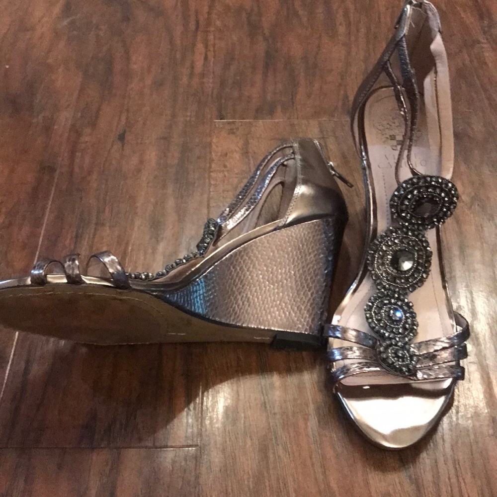 Vince Camuto Metallic Bronze Beaded T-Strap Wedge Sandals